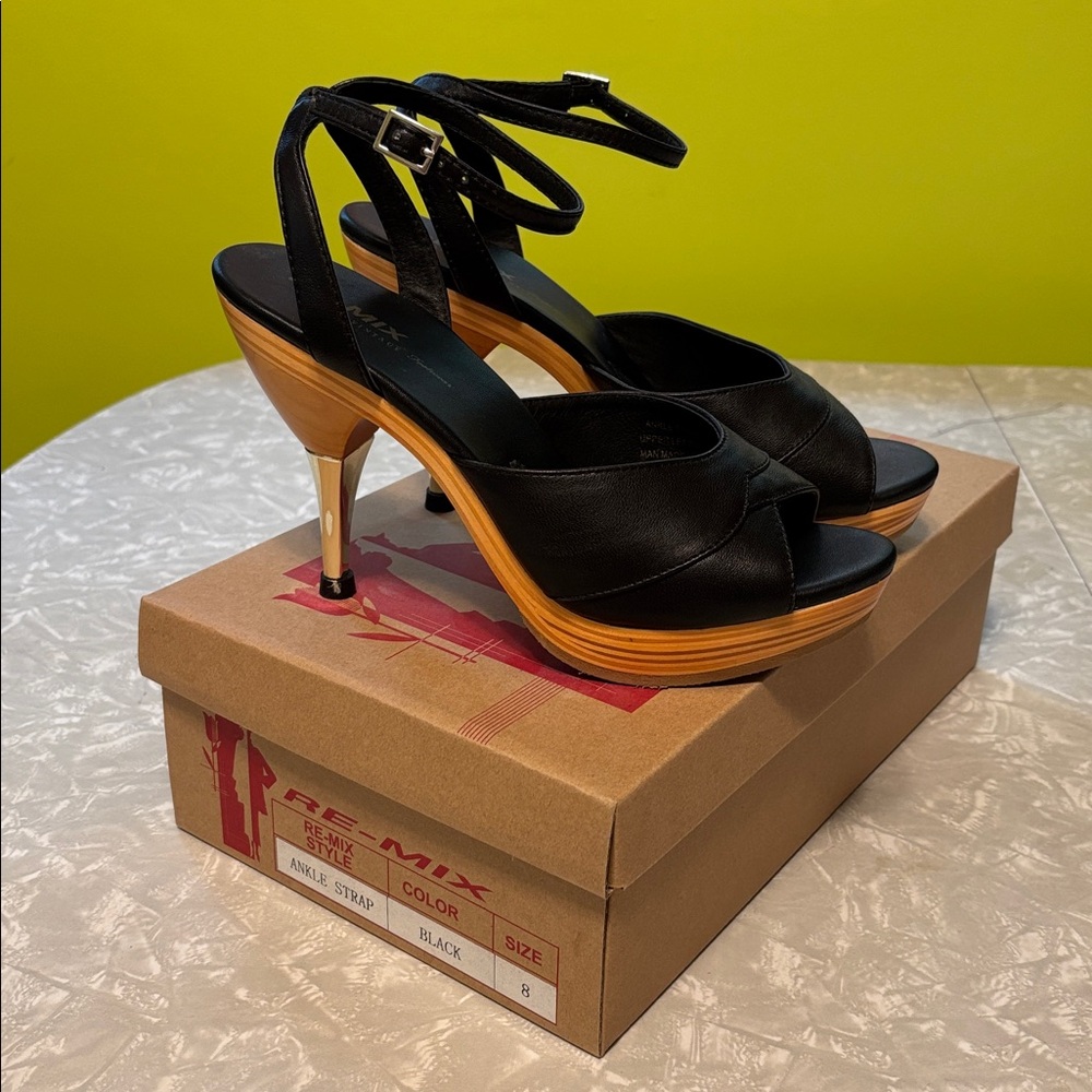 Re-Mix Hollywood Stiletto Leather Ankle Strap Sz 8 Black 🖤